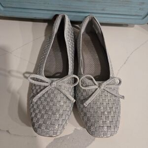 Skechers Silver Woven Ballet Flats with Bow Accent